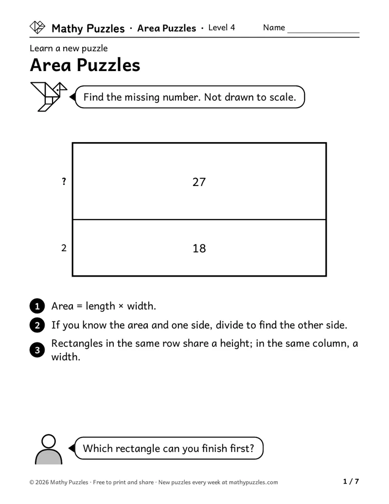 Area Puzzles, Level 4 Learn sheet with a worked example