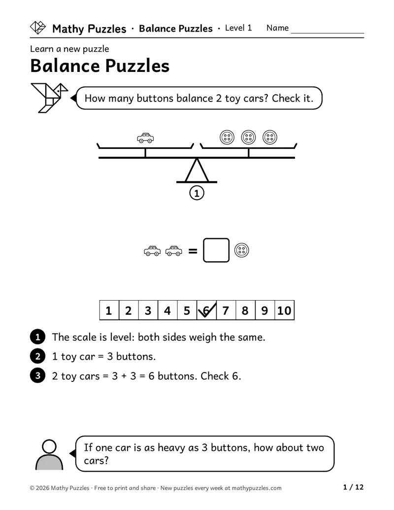 Balance Puzzles, Level 1 Learn sheet with a worked example