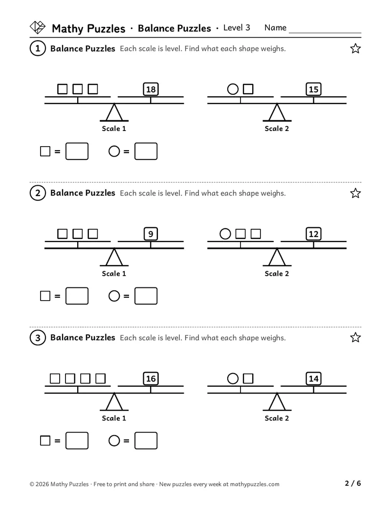 Balance Puzzles, Level 3: three puzzles, each two level scales with squares and circles on one side and a number weight on the other.
