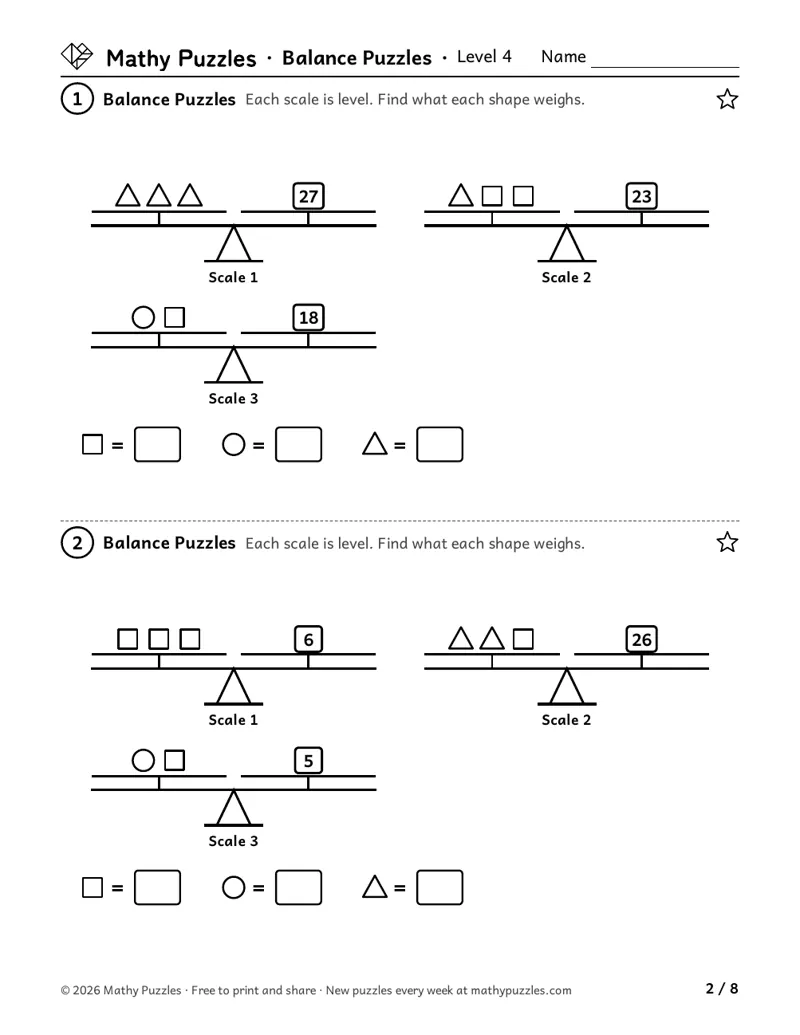 Balance Puzzles, Level 4: two puzzles, each three level scales with squares, circles and triangles against number weights.