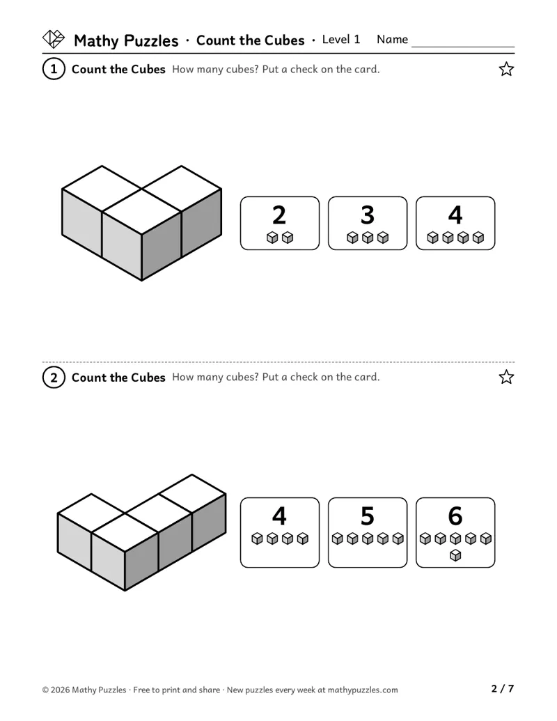 Count the Cubes, Level 1: two drawings of a few stacked cubes, all in view, each with three number cards to check.