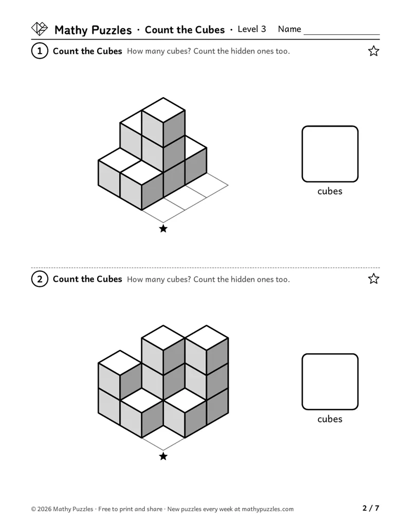 Count the Cubes, Level 3: two stacks of cubes on a square mat, some cubes hidden, each with a box to write how many.