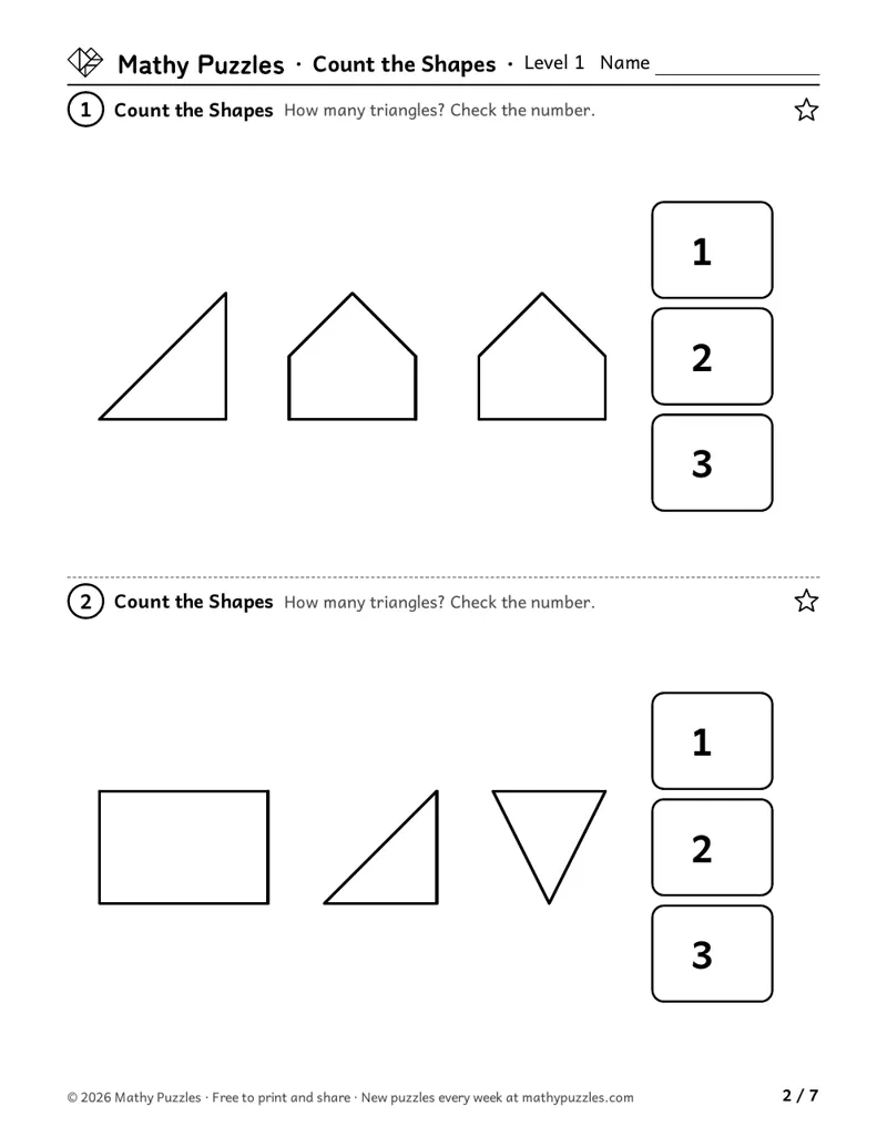 Count the Shapes, Level 1: two rows of a few separate shapes, each with three number cards to check how many triangles.