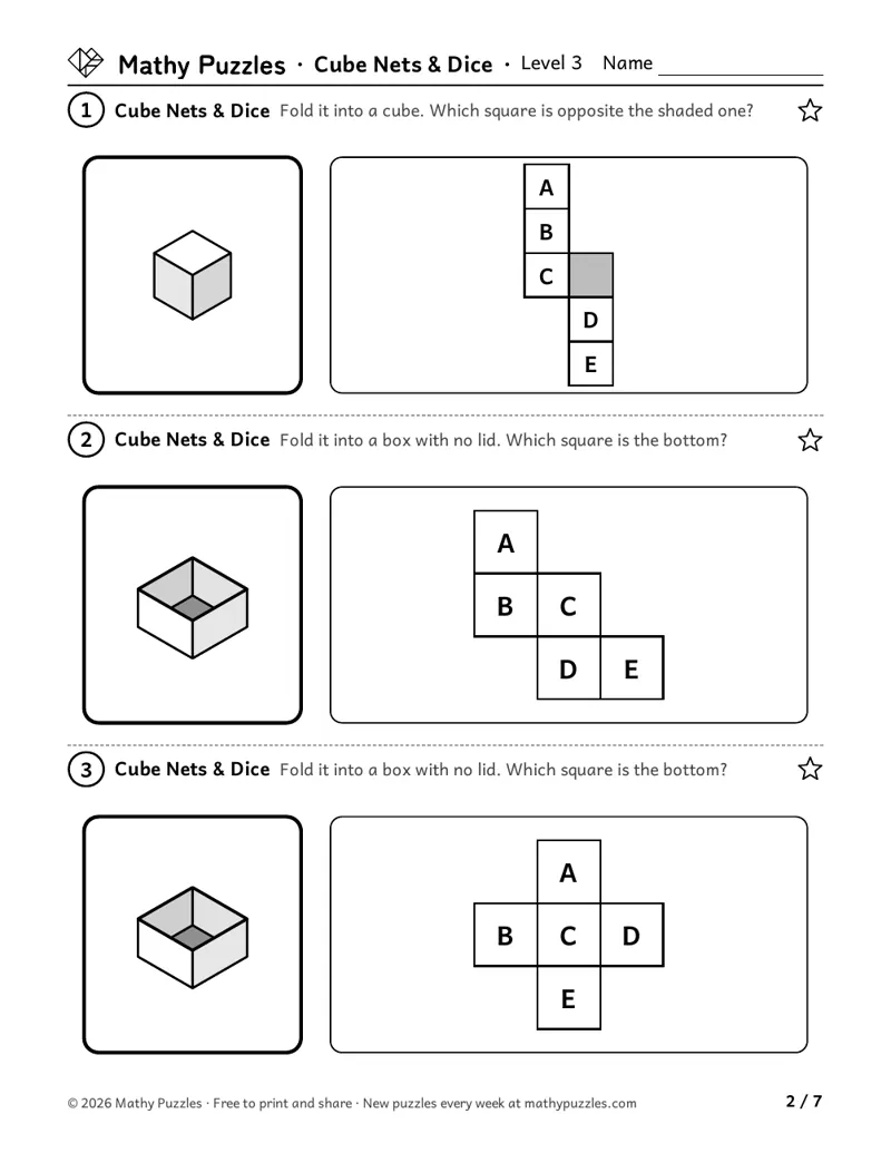 Cube Nets & Dice, Level 3: three flat nets of lettered squares beside a drawing of a cube or an open box, asking which square ends up where.