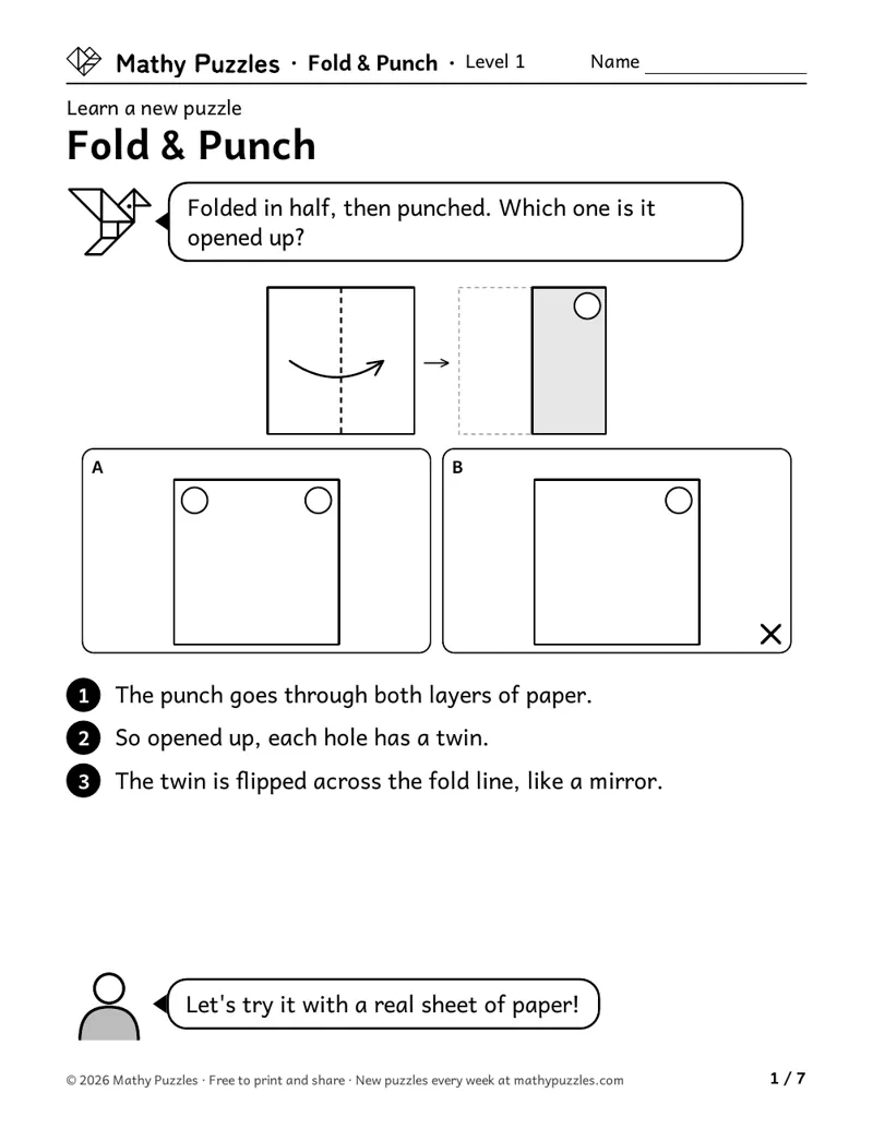 Fold & Punch, Level 1 Learn sheet with a worked example