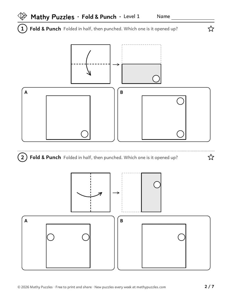 Fold & Punch, Level 1: two puzzles showing paper folded in half and punched, with 2 opened-up squares to choose from.