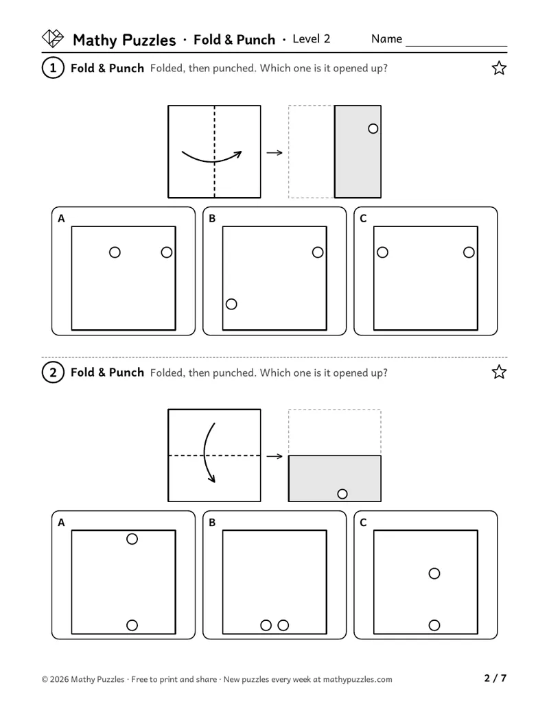 Fold & Punch, Level 2: two puzzles showing paper folded once and punched, with 3 opened-up squares to choose from.