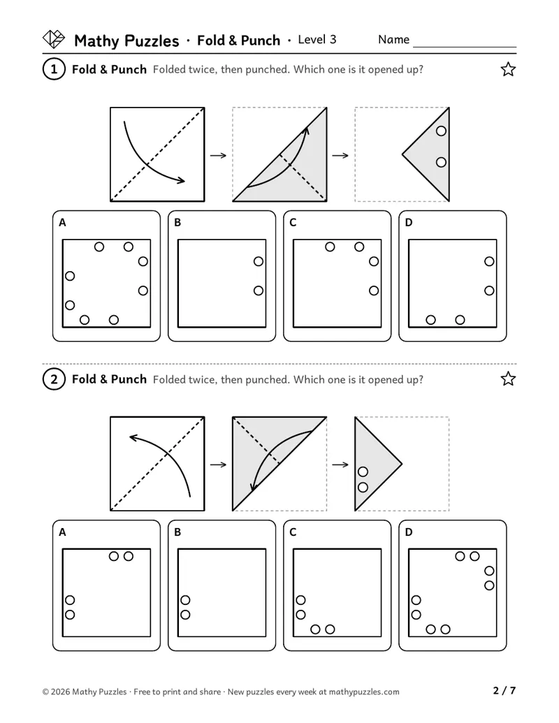 Fold & Punch, Level 3: two puzzles showing paper folded corner to corner twice and punched, with 4 opened-up squares to choose from.