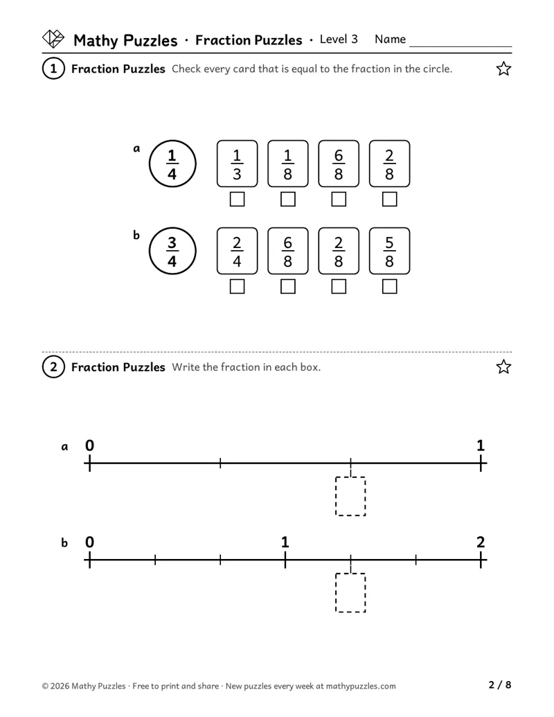 Fraction Puzzles, Level 3: fraction cards to check the ones equal to a given fraction, and two number lines with a box to write a fraction.