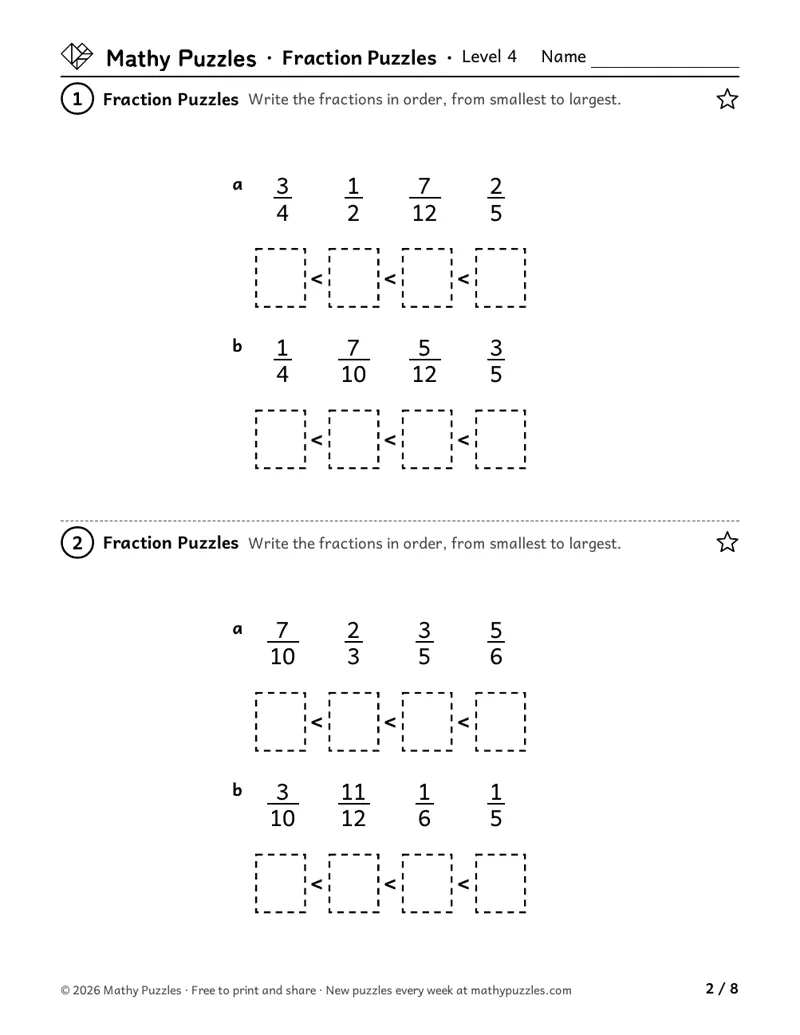 Fraction Puzzles, Level 4: four sets of fractions with different bottom numbers, each with boxes to write them from smallest to largest.