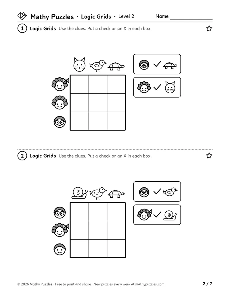 Logic Grids, Level 2: two 3 × 3 grids of 3 friends and 3 pets, each with two picture clues.