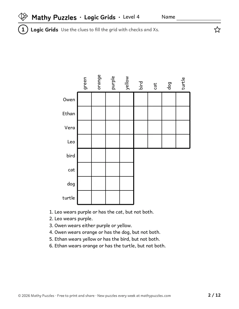 Logic Grids, Level 4: a step-shaped grid pairing 4 friends with colors and pets, with written clues, most of them "either… or".