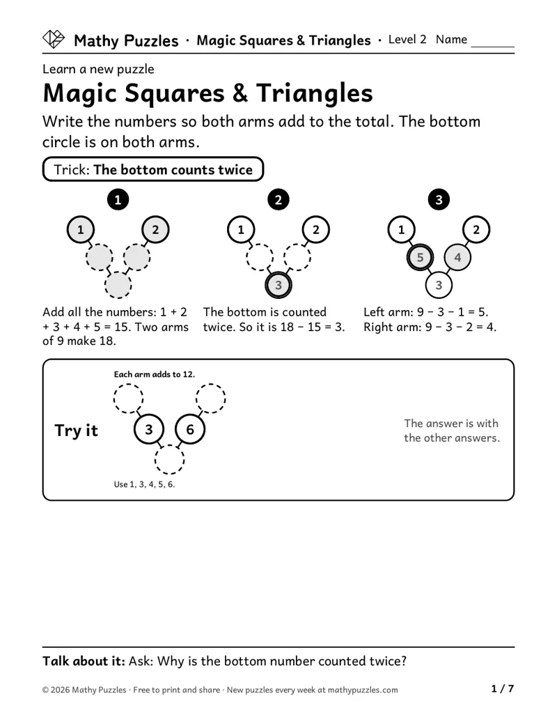 Magic Squares & Triangles, Level 2 Learn sheet with a worked example