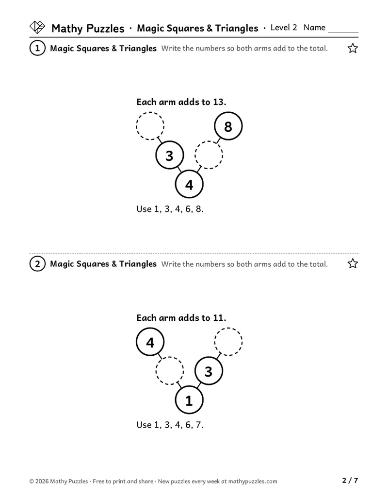 Magic Squares & Triangles, Level 2: two V shapes of 5 circles with a few numbers filled, the total for each arm, and the numbers to use.