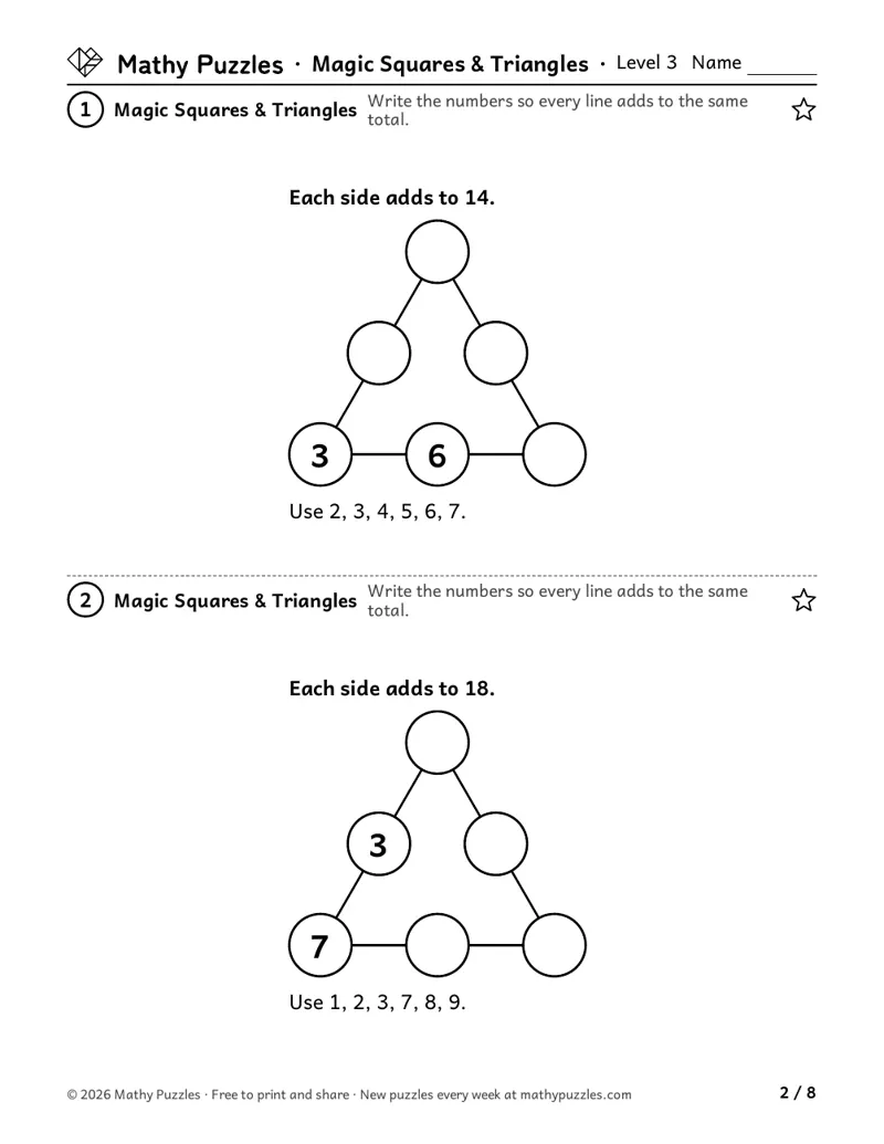 Magic Squares & Triangles, Level 3: two triangles with 3 circles on each side, two numbers filled, the side total, and the numbers to use.