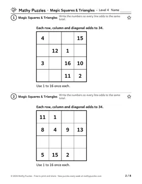 Magic Squares & Triangles, Level 4: first page of the free set