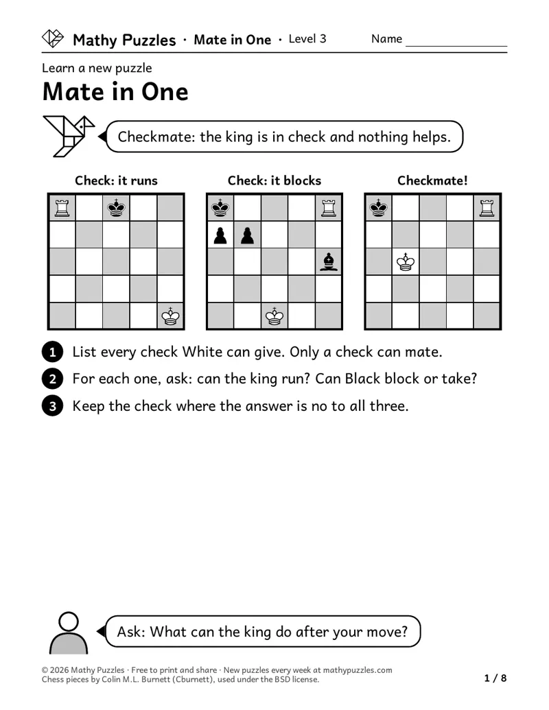 Mate in One, Level 3 Learn sheet with a worked example