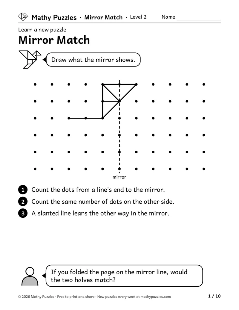 Mirror Match, Level 2 Learn sheet with a worked example