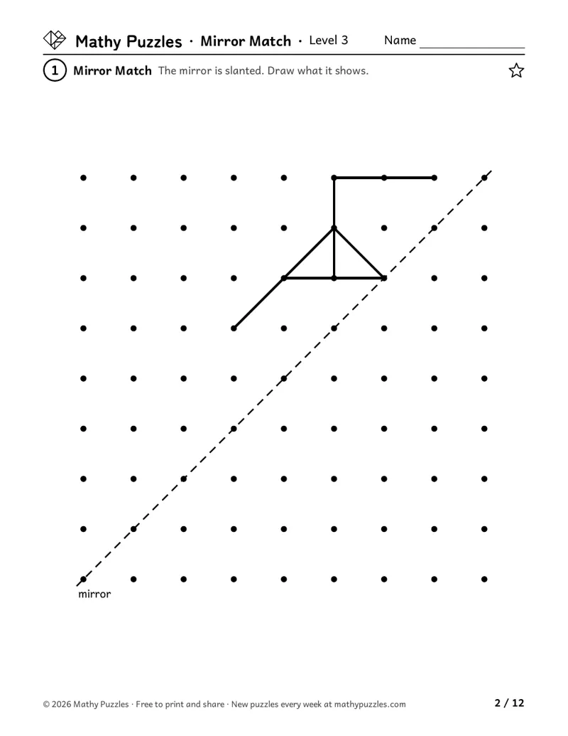 Mirror Match, Level 3: a dot grid with half a picture beside a slanted mirror line running corner to corner.