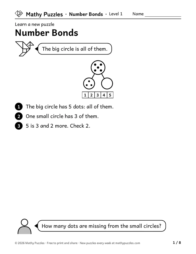 Number Bonds, Level 1 Learn sheet with a worked example