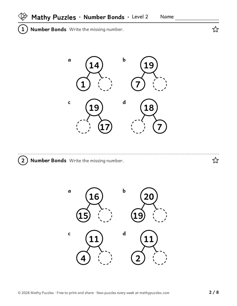 Number Bonds, Level 2: eight number bonds with a whole from 11 to 20, one part given and one part to write.