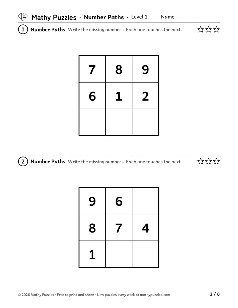 Number Paths, Level 1: two 3 × 3 grids with some of the numbers 1 to 9 written in.