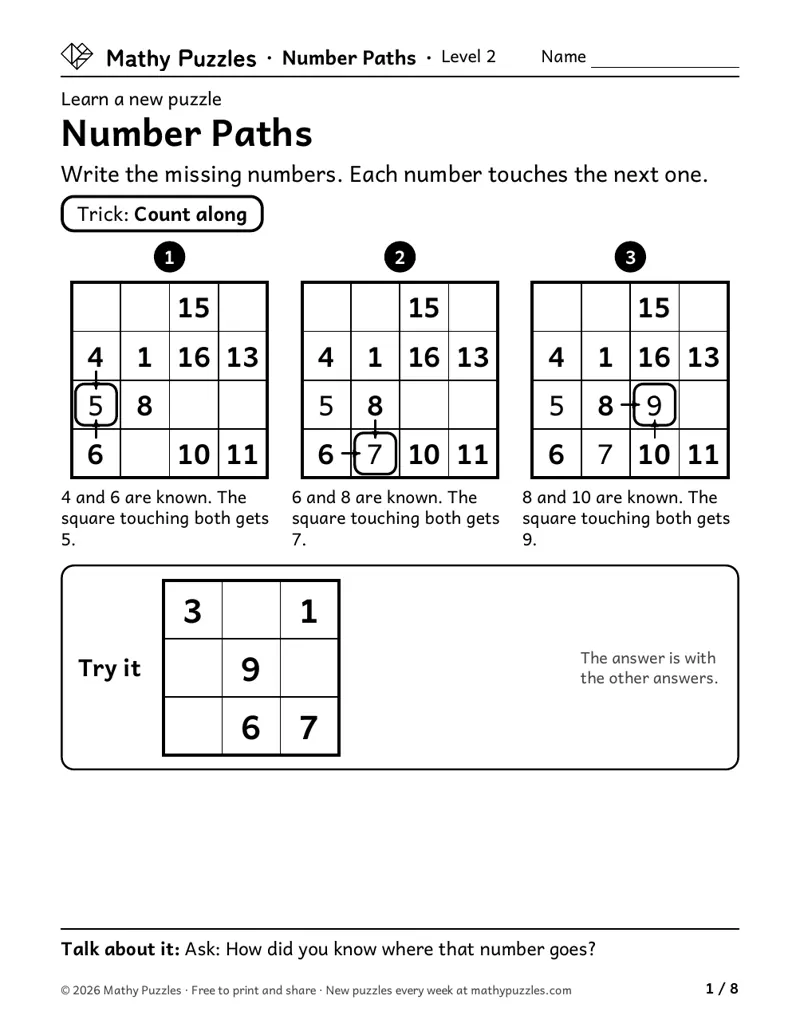 Number Paths, Level 2 Learn sheet with a worked example