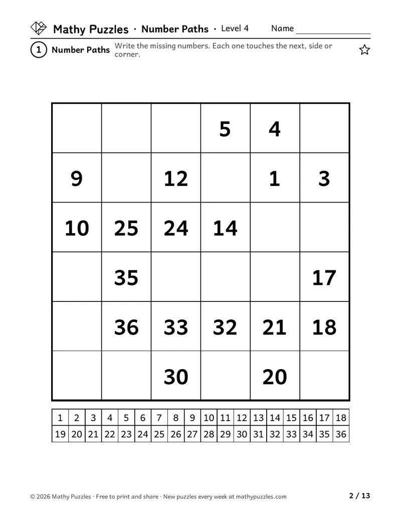 Number Paths, Level 4: a 6 × 6 grid where corners touch too, some of the numbers 1 to 36 written in, and a 1 to 36 strip.