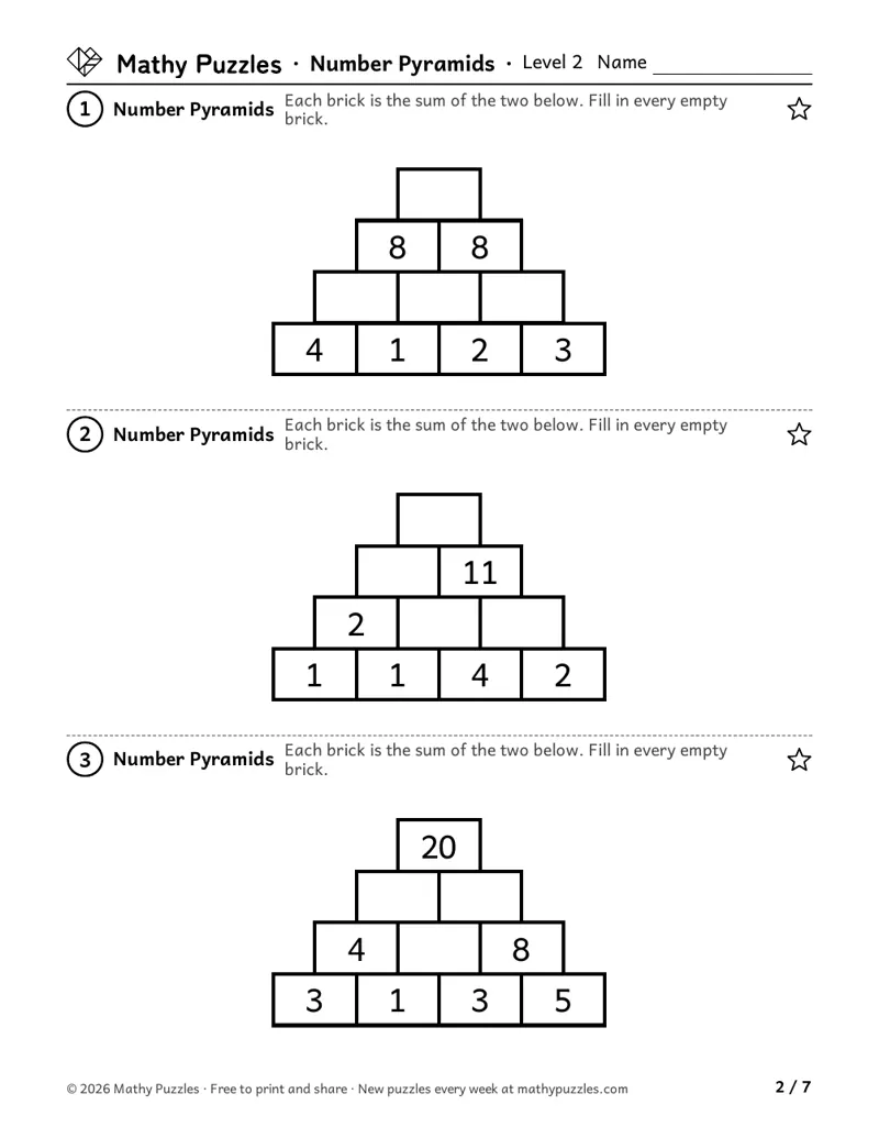 Number Pyramids, Level 2: each block is the sum of the two below