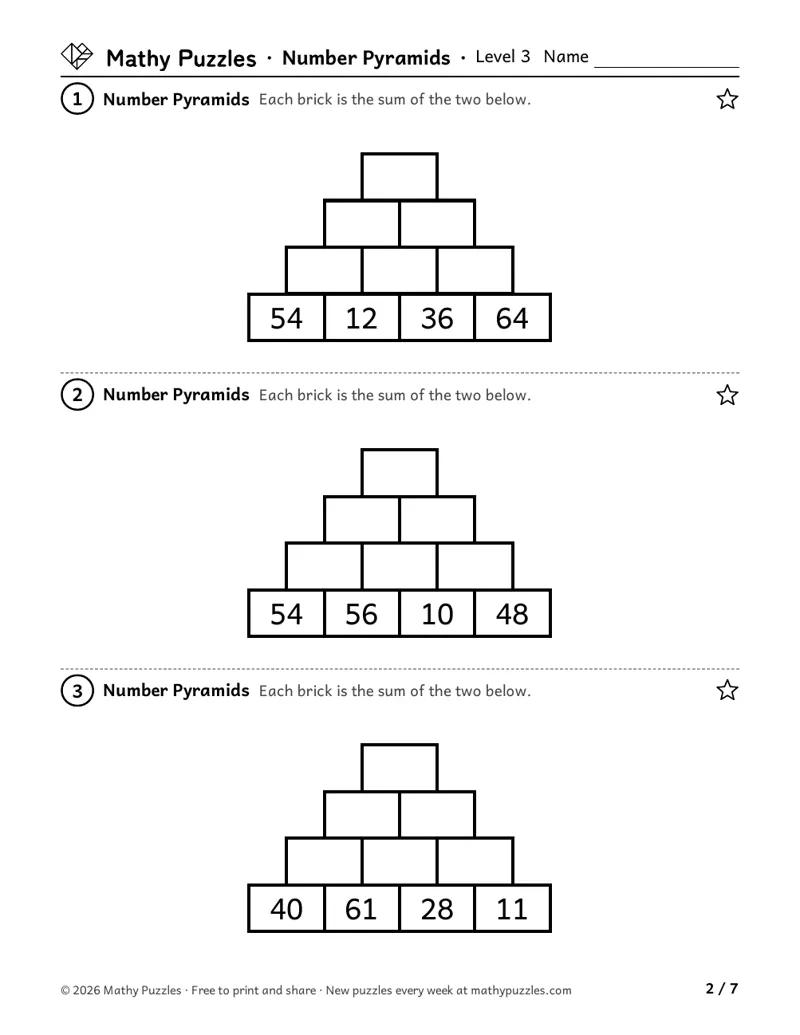 Number Pyramids, Level 3: three pyramids of 4 rows with the bottom row of two-digit numbers and the rest empty.