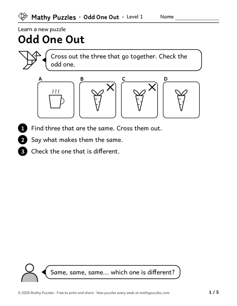 Odd One Out, Level 1 Learn sheet with a worked example