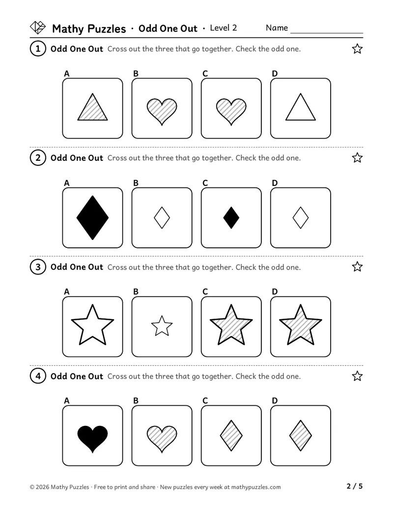 Odd One Out, Level 2: four rows of 4 shape boxes, where one box differs in shape, fill or size.