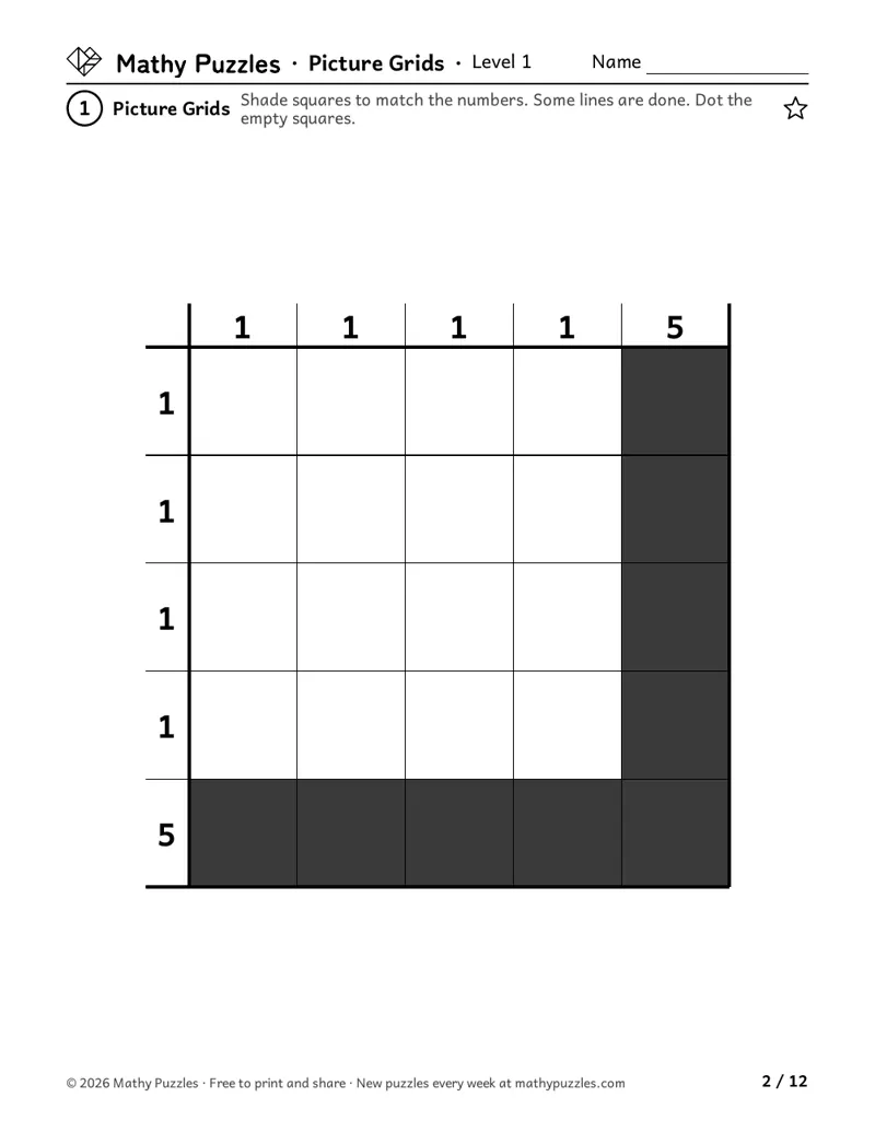 Picture Grids, Level 1: a 5 × 5 grid with big squares, one number beside each row and column, and two lines already shaded.