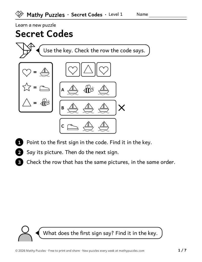 Secret Codes, Level 1 Learn sheet with a worked example