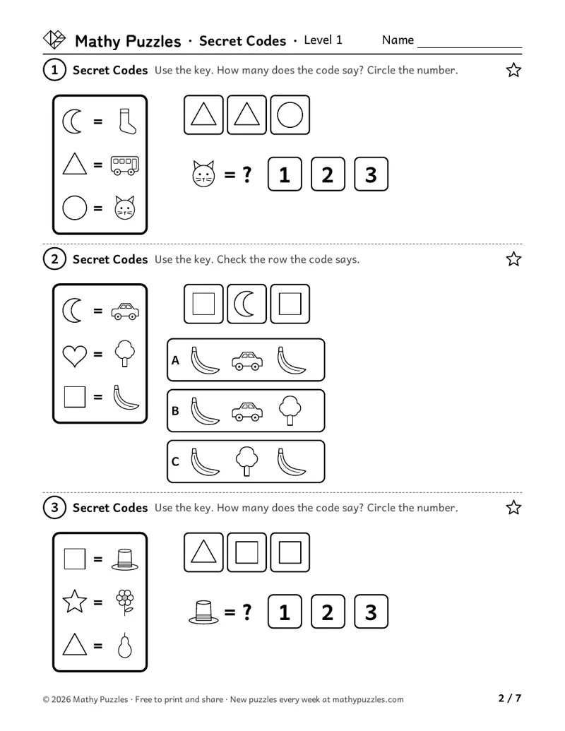 Secret Codes, Level 1: three puzzles, each a picture key of 3 signs and a short code, asking how many of a picture or which row the code says.