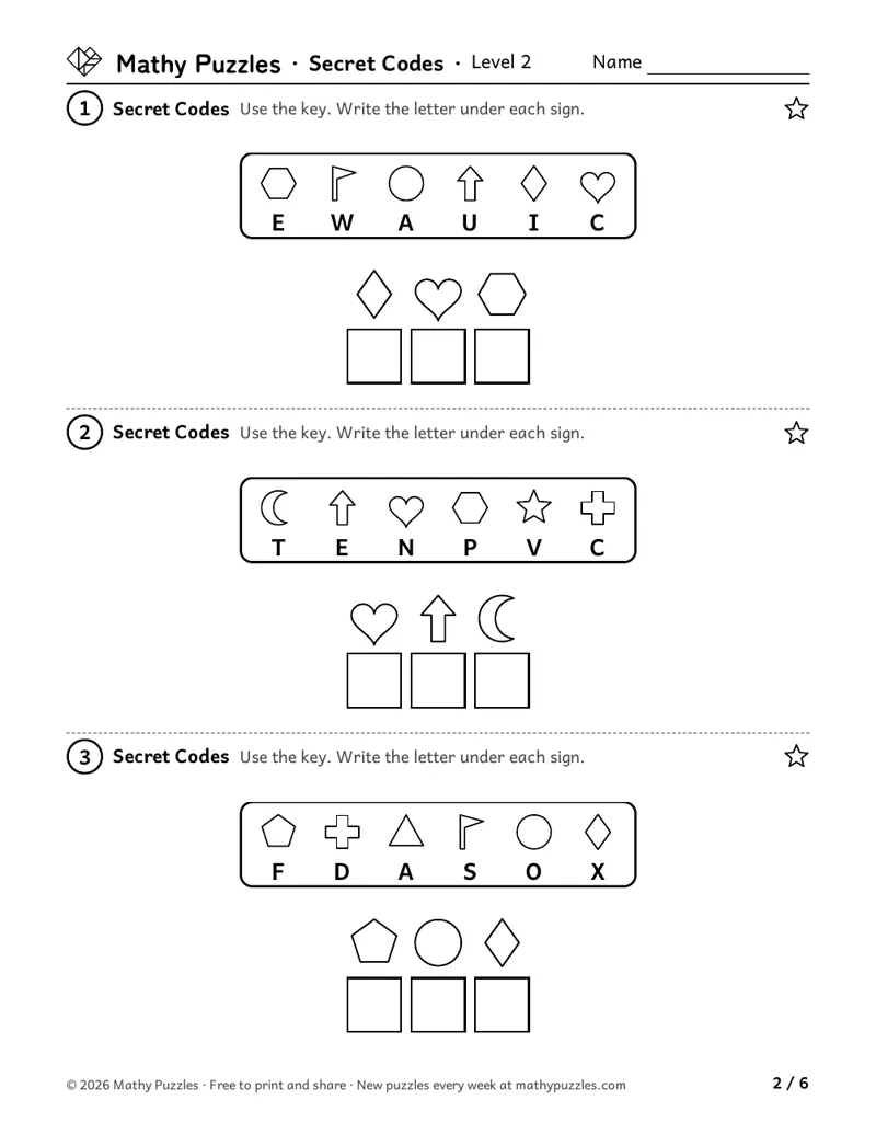Secret Codes, Level 2: three puzzles, each a key of 6 shape signs with their letters and a 3-sign code with boxes for the letters.