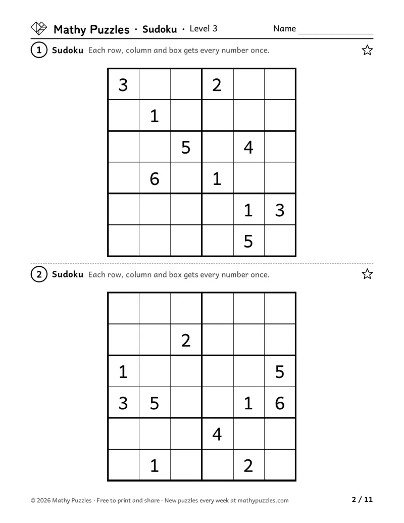 Sudoku, Level 3: two 6 × 6 number grids with some numbers printed and the rest to fill in.