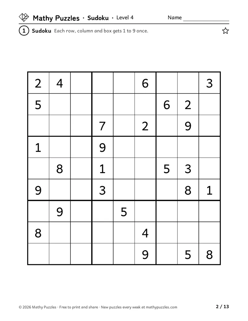Sudoku, Level 4: one 9 × 9 number grid with some numbers printed and the rest to fill in.
