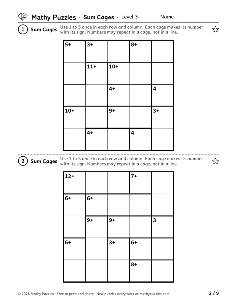 Sum Cages, Level 3: two 5 × 5 grids split into outlined cages, each cage with a small adding target.