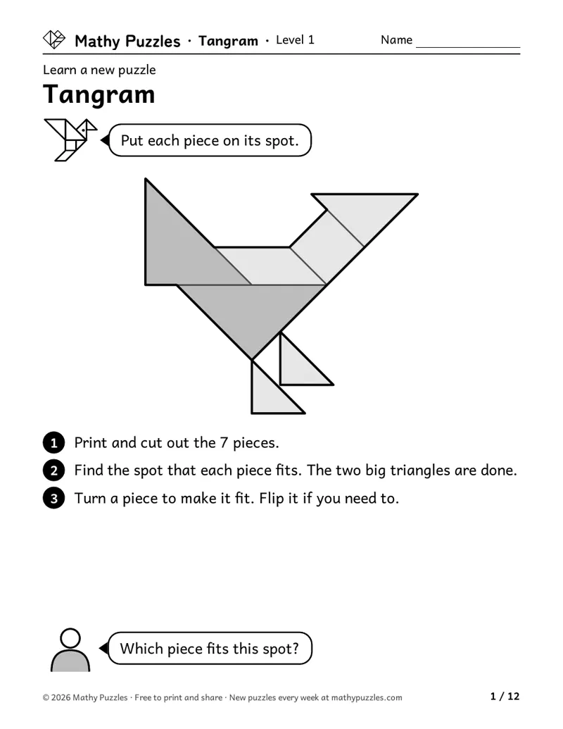 Tangram, Level 1 Learn sheet with a worked example