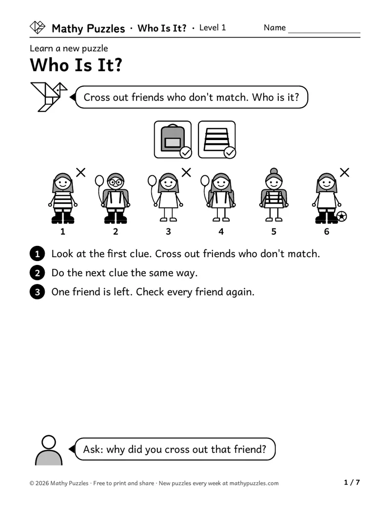Who Is It?, Level 1 Learn sheet with a worked example