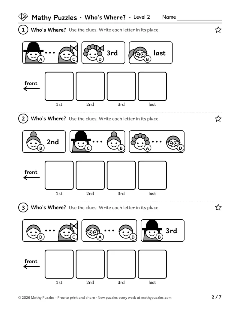 Who's Where?, Level 2: three line-ups of 4 friends with picture clues and a row of boxes to write each friend's letter.