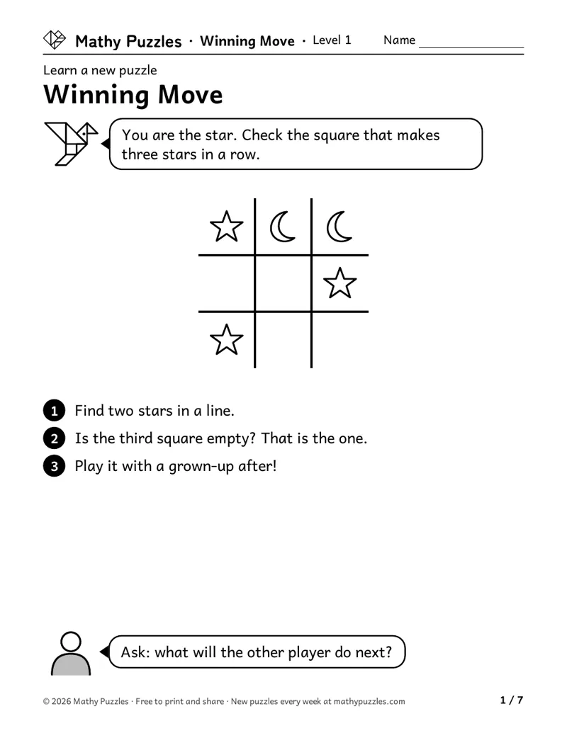 Winning Move, Level 1 Learn sheet with a worked example