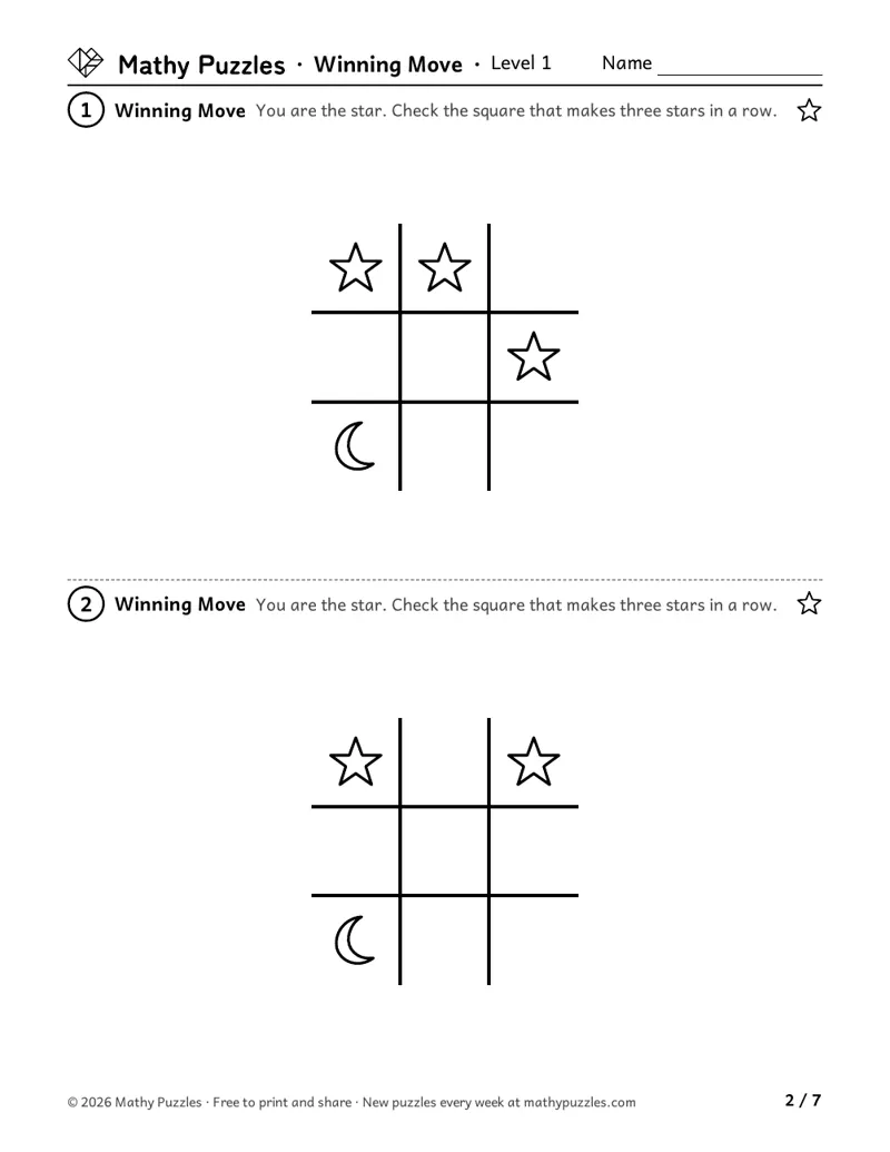 Winning Move, Level 1: two 3 × 3 boards with some stars and a moon, asking which square makes three stars in a row.