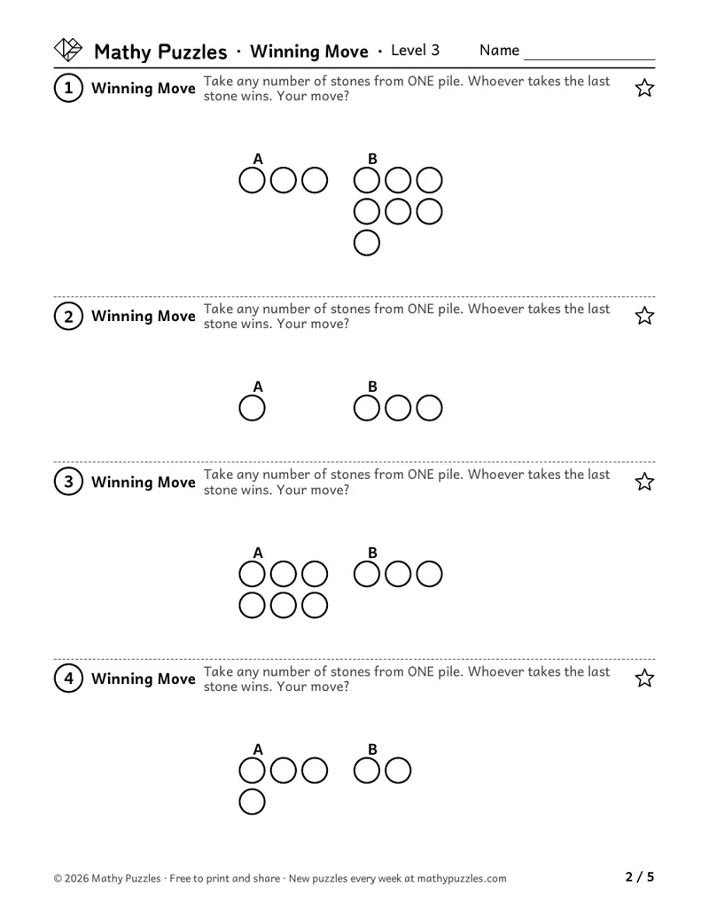 Winning Move, Level 3: four Nim games, each two piles of stones, asking which move wins.